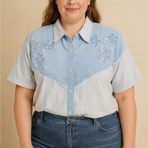 Preview International Light Blue‎ Embroidered Button Down Shirt